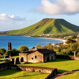 Caribbean Holidays, January Holidays, Green volcanic hills and historic sugar estate ruins on Saint Kitts, with a scenic coastal view in warm January sunshine