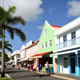 Caribbean Holidays, January Holidays, Sunny Caribbean street in Philipsburg, Sint Maarten, with colourful buildings, palm trees and visitors exploring local shops