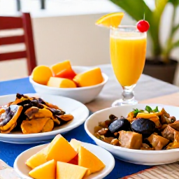 Caribbean Holidays, January Holidays, Traditional Caribbean food including saltfish, goat water stew, fresh fruit and rum punch served at a local table in Saint Kitts and Nevis