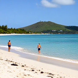Caribbean Holidays, January Holidays, Visitors enjoying a calm sandy beach and clear turquoise water on Saint Kitts in January, with green hills in the distance