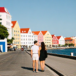 Caribbean Holidays, January Honeymoon, Colourful waterfront buildings in Willemstad, Cura&ccedil;ao, with a honeymoon couple exploring the sunny street near the harbour