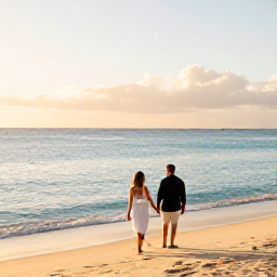Caribbean Holidays, January Honeymoon, Newlywed couple walking hand in hand along a quiet Cura&ccedil;ao beach at sunrise, calm turquoise sea and soft golden light