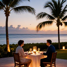 Caribbean Holidays, January Honeymoon, Romantic outdoor dinner for two at a Cura&ccedil;ao restaurant, lanterns on the table, palm trees and a calm evening sea view