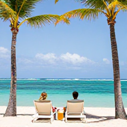 Caribbean Holidays, January Honeymoons, A couple relaxing on loungers beside a turquoise lagoon in Turks and Caicos, with palm trees and a calm sunny sky