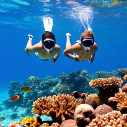 Caribbean Holidays, January Honeymoons, A couple snorkelling together above colourful coral and tropical fish in clear shallow water near Turks and Caicos