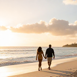 Caribbean Holidays, January Honeymoons, A couple walking hand in hand along a calm Caribbean beach in Barbados at sunrise, soft golden light, relaxed honeymoon atmosphere