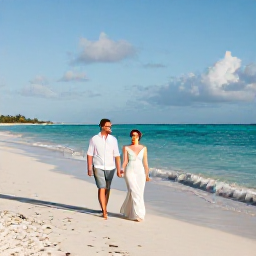 Caribbean Holidays, January Honeymoons, A newly married couple walking along Grace Bay Beach in warm January sunshine, turquoise water and soft white sand in the Turks and Caicos Islands