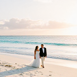 Caribbean Holidays, January Honeymoons, A newlywed couple walking along a bright white beach in Aruba at sunrise, calm turquoise sea and soft golden light