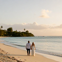 Caribbean Holidays, January Honeymoons, A newlywed couple walking along a quiet golden beach on Saint Kitts at sunrise, calm turquoise sea and soft tropical light