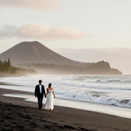 Caribbean Holidays, January Honeymoons, A newlywed couple walking hand in hand along a quiet black-sand beach in Montserrat at sunrise, with volcanic hills in the distance