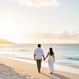 Caribbean Holidays, January Honeymoons, A newlywed couple walking hand in hand along a quiet Caribbean beach at sunrise on Saint Martin, soft golden light and calm turquoise sea