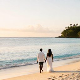 Caribbean Holidays, January Honeymoons, A newlywed couple walking hand in hand along Grand Anse Beach in Grenada at sunrise, calm turquoise sea and soft golden light