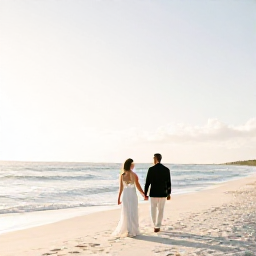 Caribbean Holidays, January Honeymoons, A newlywed couple walking hand in hand along the wide white sands of Grace Bay Beach in Turks and Caicos at sunrise