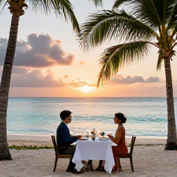 Caribbean Holidays, January Honeymoons, A romantic beachfront dinner for two at sunset on Providenciales, with palm trees, calm turquoise sea and elegant table settings