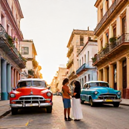 Caribbean Holidays, January Honeymoons, Colourful classic American cars and colonial buildings in Havana at golden hour, with a honeymoon couple exploring the street