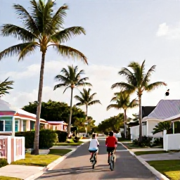 Caribbean Holidays, January Honeymoons, Couple cycling through a quiet tropical road in Grand Cayman, palm trees, colourful houses and bright afternoon light