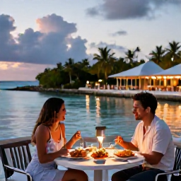 Caribbean Holidays, January Honeymoons, Couple enjoying a relaxed dinner at a stylish waterfront restaurant in Providenciales, Turks and Caicos, with local seafood and tropical evening atmosphere