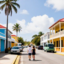 Caribbean Holidays, January Honeymoons, Couple exploring Bridgetown, Barbados, with colourful historic buildings, palm trees and a bright Caribbean street scene