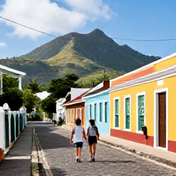 Caribbean Holidays, January Honeymoons, Couple exploring historic Basseterre on Saint Kitts, colourful buildings, stone streets and tropical mountains in the background