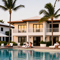 Caribbean Holidays, January Honeymoons, Couple relaxing beside a stylish Puerto Rico resort pool with palm trees, warm evening light and Caribbean atmosphere