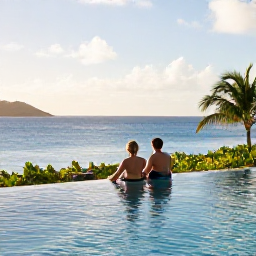 Caribbean Holidays, January Honeymoons, Couple relaxing beside an infinity pool overlooking the Caribbean Sea in the US Virgin Islands, tropical January afternoon