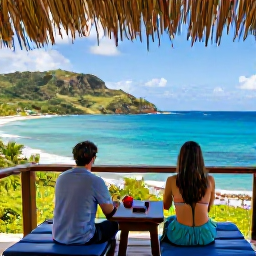 Caribbean Holidays, January Honeymoons, Couple relaxing on a shaded terrace overlooking the turquoise Caribbean Sea and green Montserrat coastline
