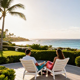 Caribbean Holidays, January Honeymoons, Couple relaxing on a stylish beachfront hotel terrace in Saint Martin, tropical garden, sea view and morning sunshine