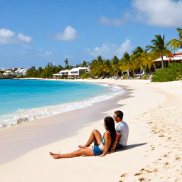 Caribbean Holidays, January Honeymoons, Couple relaxing on white sand at Orient Bay with turquoise water and palm trees in Saint Martin