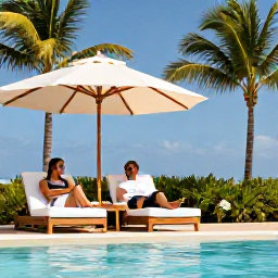 Caribbean Holidays, January Honeymoons, Couple relaxing together beneath a parasol beside a luxury Aruba resort pool, palm trees and blue sky