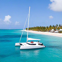 Caribbean Holidays, January Honeymoons, Couple sailing on a catamaran near Saona Island, bright turquoise water, white sand beach and palm-fringed coastline