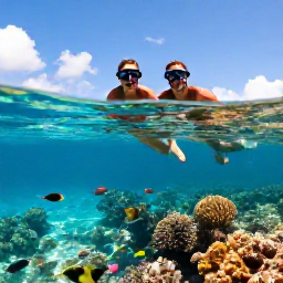 Caribbean Holidays, January Honeymoons, Couple snorkelling above colourful coral reef in clear Cayman Islands water, tropical fish, sunny blue sky