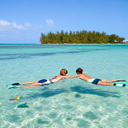 Caribbean Holidays, January Honeymoons, Couple snorkelling in clear Caribbean water near Saona Island, with colourful fish and a tropical island in the background