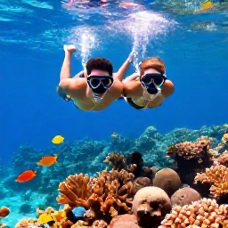 Caribbean Holidays, January Honeymoons, Couple snorkelling together above a colourful coral reef in clear Bahamian water with tropical fish