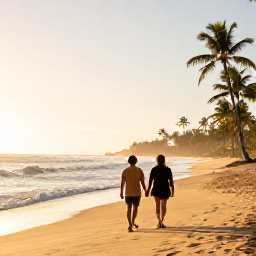Caribbean Holidays, January Honeymoons, Couple walking hand in hand along a golden Caribbean beach in Puerto Rico at sunrise, gentle waves and palm trees
