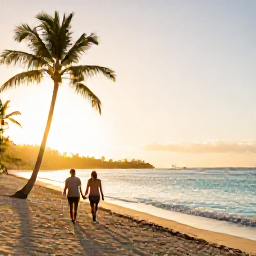 Caribbean Holidays, January Honeymoons, Couple walking hand in hand along a quiet Caribbean beach at sunrise in January, soft golden light, palm trees and calm turquoise water