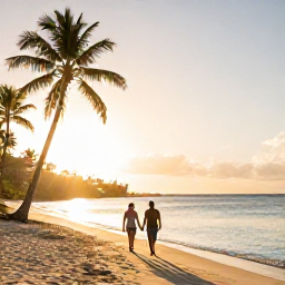 Caribbean Holidays, January Honeymoons, Couple walking hand in hand along a quiet golden beach in Saint Kitts at sunrise, palm trees and calm turquoise sea