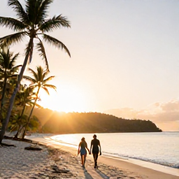 Caribbean Holidays, January Honeymoons, Couple walking hand in hand along a quiet palm-fringed beach in Saint Vincent and the Grenadines at sunrise