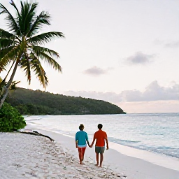 Caribbean Holidays, January Honeymoons, Couple walking hand in hand along a quiet white sand beach in the British Virgin Islands at sunrise, turquoise Caribbean Sea and palm trees