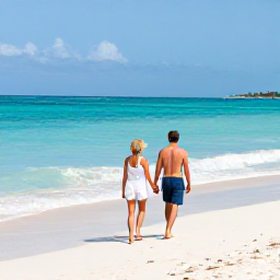 Caribbean Holidays, January Honeymoons, Couple walking hand in hand along a sunlit Cuban beach in January, turquoise sea and soft white sand