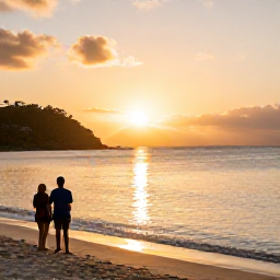 Caribbean Holidays, January Honeymoons, Couple watching a golden sunset from a quiet beach in St Thomas, United States Virgin Islands, January