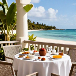 Caribbean Holidays, January Honeymoons, Elegant beachfront boutique hotel terrace with breakfast for two, tropical plants and a calm Caribbean sea in the background