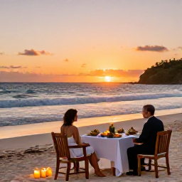 Caribbean Holidays, January Honeymoons, Elegant beachfront dinner for two at sunset on a Caribbean island, with candles, local food and gentle waves