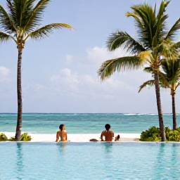 Caribbean Holidays, January Honeymoons, Elegant beachfront resort in Punta Cana with palm trees, swimming pool and couples relaxing beside the sea