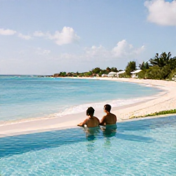 Caribbean Holidays, January Honeymoons, Elegant beachfront resort in Saint Kitts with a newlywed couple relaxing beside an infinity pool overlooking the Caribbean Sea