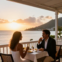 Caribbean Holidays, January Honeymoons, Elegant French Caribbean restaurant terrace in Gustavia at sunset, with a honeymoon couple dining outdoors