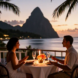 Caribbean Holidays, January Honeymoons, Elegant honeymoon dinner for two on a Saint Lucia terrace overlooking the sea at sunset, candles, tropical flowers and warm evening light