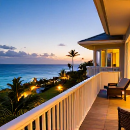 Caribbean Holidays, January Honeymoons, Elegant honeymoon hotel in Barbados at dusk, private balcony overlooking the sea, warm lights and tropical gardens