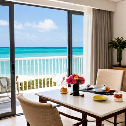 Caribbean Holidays, January Honeymoons, Elegant honeymoon suite with balcony overlooking the turquoise sea in The Bahamas, decorated with fresh flowers and breakfast for two