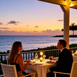 Caribbean Holidays, January Honeymoons, Elegant seaside dinner for two on a Cayman Islands restaurant terrace at sunset, soft lights, ocean view and relaxed atmosphere