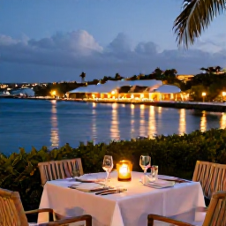Caribbean Holidays, January Honeymoons, Elegant waterfront dinner for two in St Croix, candles on a table, tropical evening and softly lit harbour